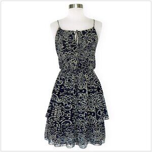 Robbi & Nikki Navy Beige Scroll Batik Tiered Layered Summer Slip Dress Size XS